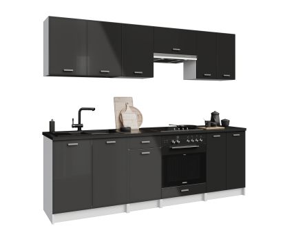 LUNA Cuisine complète 2m40 - 8 éléments - Noir Brillant : Élégance et Économie