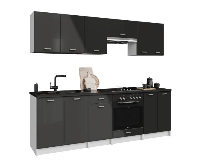 LUNA Cuisine complète 2m40 - 8 éléments - Noir Brillant : Élégance et Économie